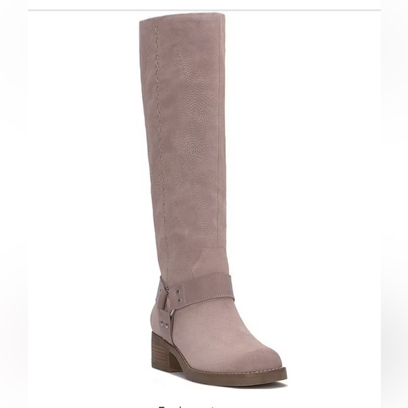 NWT Lucky Brand Kujon 2 Floral Stitched Suede Harness Tall Boots Fawn Pink - Picture 1 of 16